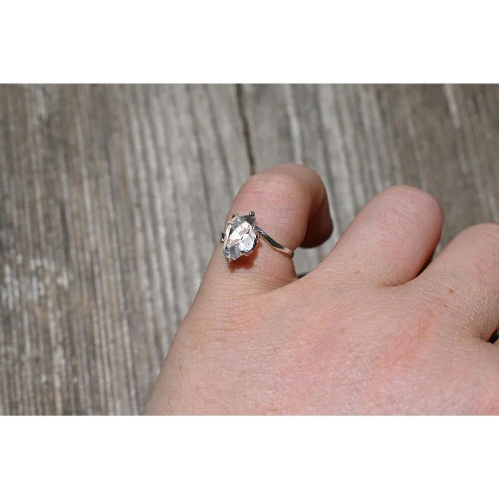 Raw Herkimer Diamond Ring – Natural Quartz Crystal Solitaire – Sterling Silver H